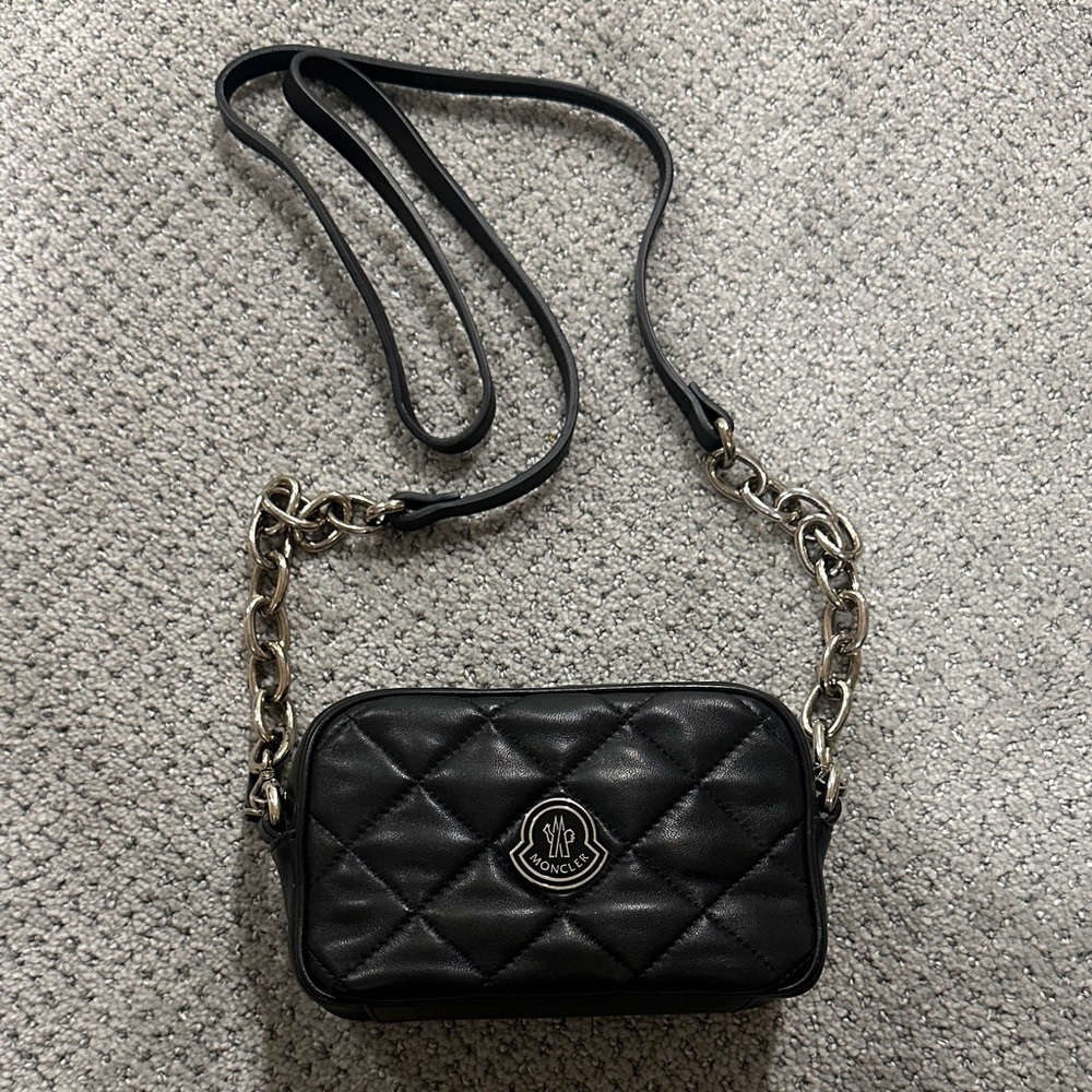 Moncler Black Quilted Crossbody Bag with Chain Strap
